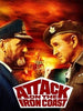 Two men in military uniforms stand face to face before a fiery sky and distant ship. Attack on the Iron Coast (1968) DVD—discover this classic war film available now.