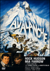 Illustrated movie poster for Avalanche DVD (1978), a disaster movie, features skiers escaping a massive avalanche. The film’s title appears in bold, snow-shaped letters. At the bottom are photos of Rock Hudson and Mia Farrow, accompanied by cast and crew credits—ideal for classic movie collectors or anyone looking for the Avalanche DVD (1978).