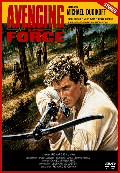 A man with curly blond hair aims a crossbow in a forest while soldiers with guns approach in the background. The text reads "Avenging Force" and lists cast and production credits, featuring Michael Dudikoff. This action-packed scene captures the excitement of the Avenging Force DVD (1986), a rare find that classic movie collectors will appreciate.