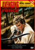 A man with curly blond hair aims a crossbow in a forest while soldiers with guns approach in the background. The text reads "Avenging Force" and lists cast and production credits, featuring Michael Dudikoff. This action-packed scene captures the excitement of the Avenging Force DVD (1986), a rare find that classic movie collectors will appreciate.