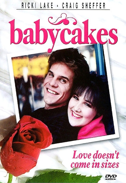 Babycakes DVD (1989) cover featuring a smiling man and woman close together, with a red rose in the foreground and the text: “Love doesn’t come in sizes.” This rare 1989 film is perfect for DVD collectors seeking hard-to-find movies.