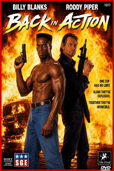 Two men—one shirtless and muscular, channeling the energy of action star Billy Blanks, and the other dressed in black with a leather jacket—stand back to back gripping guns as a fiery explosion erupts behind them, with a car caught in the chaos. The text "Back in Action" appears above, making this Back in Action DVD (1994) an exciting addition to any rare movies library or action film collection.