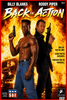 Two men—one shirtless and muscular, channeling the energy of action star Billy Blanks, and the other dressed in black with a leather jacket—stand back to back gripping guns as a fiery explosion erupts behind them, with a car caught in the chaos. The text "Back in Action" appears above, making this Back in Action DVD (1994) an exciting addition to any rare movies library or action film collection.