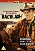 Backlash DVD (1956) cover featuring two cowboys set against a rugged landscape, with the tagline: SUSPENSE THAT CUTS LIKE A WHIP! Starring Richard Widmark and Donna Reed, this Western mystery DVD is ideal for fans of Richard Widmark movies and displays the Western Classics label at the top.
