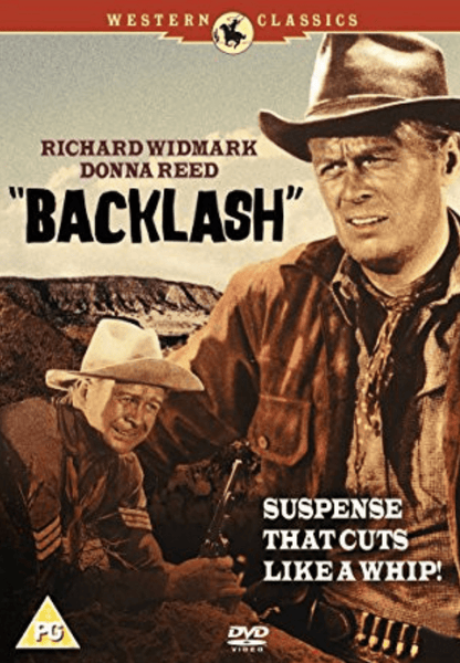 The Backlash DVD (1956) cover features two cowboys in rugged terrain, displaying the actors’ names, the title, and the tagline “Suspense that cuts like a whip!” along with DVD and rating icons. A Western Classics banner runs across the top, making it an ideal choice for fans of Western mystery DVDs starring Richard Widmark.