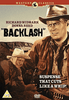 The Backlash DVD (1956) cover features two cowboys in rugged terrain, displaying the actors’ names, the title, and the tagline “Suspense that cuts like a whip!” along with DVD and rating icons. A Western Classics banner runs across the top, making it an ideal choice for fans of Western mystery DVDs starring Richard Widmark.