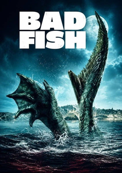 A colossal sea creature’s tail emerges from shadowy waters beneath a glowing full moon, while the bold white title “BAD FISH” stands out overhead. In the distance, a coastal town lurks, evoking the suspense and terror of maritime horror. The Bad Fish (2024) DVD is an essential addition for any survival thriller collection.