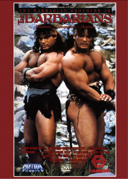 Two muscular men in loincloths stand back to back, flexing their arms against a dramatic rocky landscape. The title “The Barbarians” appears prominently at the top, with taglines and credits below—an iconic image from the 1987 adventure film. Now available for collectors and fans as The Barbarians DVD (1987).
