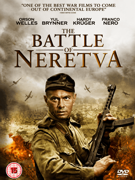 A soldier in uniform grips his weapon as planes soar above and a city burns behind him. The text displays "The Battle of Neretva DVD (1969)", spotlighting this powerful World War II film about the heroic Yugoslav Partisans, with actor names and review quotes featured at the top.