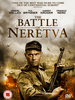 A soldier in uniform grips his weapon as planes soar above and a city burns behind him. The text displays "The Battle of Neretva DVD (1969)", spotlighting this powerful World War II film about the heroic Yugoslav Partisans, with actor names and review quotes featured at the top.