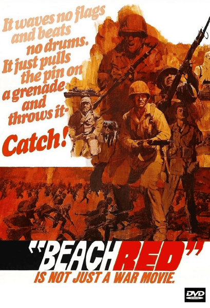 A dramatic poster for Beach Red DVD (1967) features soldiers in combat amid striking red and orange tones, with the text: “It waves no flags and beats no drums… Beach Red is not just a war movie.” This compelling film starring Cornel Wilde stands out among rare DVDs for its intense realism and powerful impact.