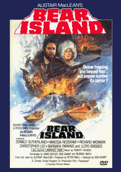 The Bear Island DVD (1979) features a movie poster with intense faces, a snowy landscape, helicopters, and thrilling explosions. Its tagline declares: “Below freezing and beyond fear, will anyone survive its terror?” Starring Donald Sutherland, this gripping thriller revolves around the hunt for Nazi gold. Cast and crew details appear below the title—making it a true gem among rare DVDs for collectors.