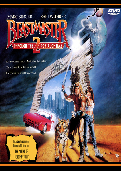 DVD cover for Beastmaster 2 Through the Portal of Time DVD (1991), a rare film featuring a muscular man wielding a sword, accompanied by a woman, a tiger, a red car, and an ancient archway with a planet in the background.