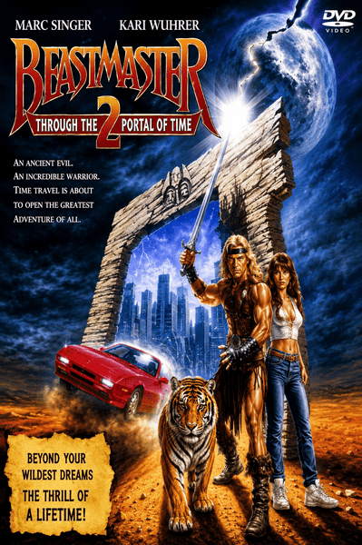A powerful warrior wielding a sword, accompanied by a woman, a tiger, and a red car, stands before a stone archway opening to a city skyline beneath a stormy sky and glowing moon. Beastmaster 2 Through the Portal of Time DVD (1991) cover art above—ideal for collectors searching for rare movies on DVD or those who want to add the definitive Beastmaster sequel to their classic DVD collection.