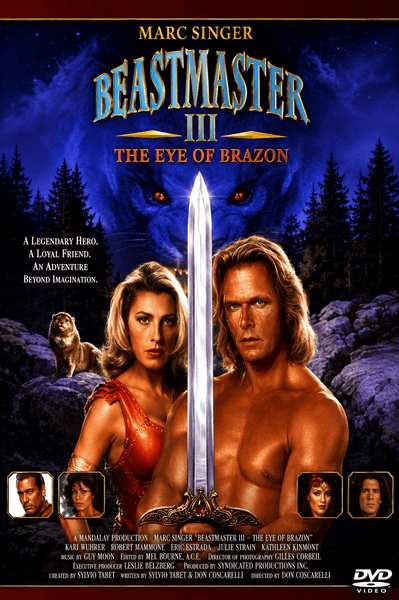 Beastmaster 3: The Eye of Braxus DVD (1996) features cover art with Marc Singer and a woman standing beside a sword, backed by a mystical lion face and images of the supporting cast. This fantasy adventure is the perfect addition for collectors seeking Rare Hard to Find Movies or anyone looking to complete their Beastmaster Trilogy with this Classic Movie on DVD.