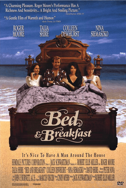 Four people sit together on a large ornate bed holding breakfast trays in this image, which serves as the cover for the Bed & Breakfast DVD (1991), a romantic comedy featuring the main cast with the movie title and credits displayed below them.