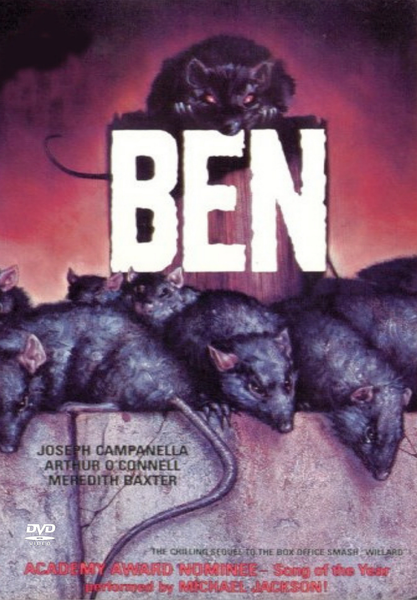 The Ben DVD (1972), a classic horror film, features a movie poster with a large killer rat looming above the title and several ominous rats gathered below. Set against a dark background, the design also lists actor names and includes “Academy Award Nominee” text at the bottom—a chilling example of rare movies on DVD for collectors.