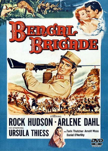 The Bengal Brigade DVD (1954) features a vintage movie poster depicting a uniformed soldier, a romantic couple at the top, and an action-packed battle scene with soldiers and horses—an eye-catching representation from this classic British India film. Cast names and the DVD logo are displayed at the bottom, making it an ideal collectible for fans of classic cinema on DVD.