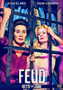 Two women dressed in vintage clothing look out from behind iron bars. The text reads Jessica Lange, Susan Sarandon, FEUD: Bette and Joan. The image has a dramatic, colorful style and is likely a promotional poster for Feud Bette and Joan (2017) DVD, a series inspired by classic movies like Baby Jane on DVD.