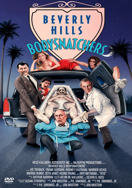 The Beverly Hills Bodysnatchers DVD (1989) cover features five people posing around a hearse, with a skeleton in sunglasses sitting in the back. Tall palm trees and a clear blue sky form the backdrop, highlighting the film’s unique mix of re-animation experiments and hilarious mobster comedy.