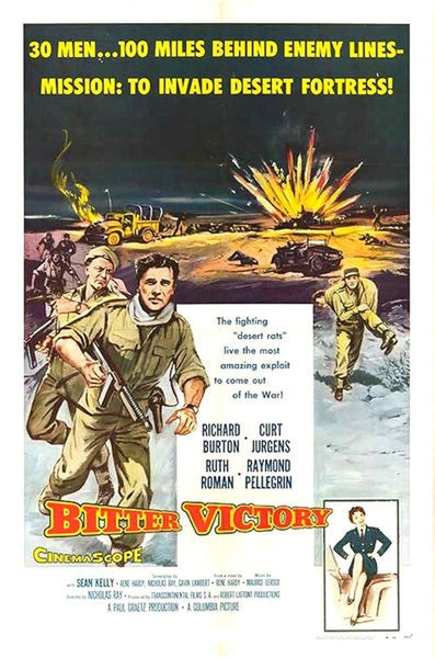 Movie poster for Bitter Victory (1957) DVD: soldiers charge across a WWII desert battlefield with weapons, explosions, and military vehicles, while a woman in uniform stands prominently. Bold yellow title, gripping tagline above, and cast names featured at center—ideal for collectors or fans of classic war dramas looking for rare movies on DVD.