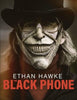 A man with long hair, top hat, tinted glasses, and a creepy wide-grin mask. Text: The Black Phone (2021) DVD—bold red and white title, perfect addition to any thriller film collection.