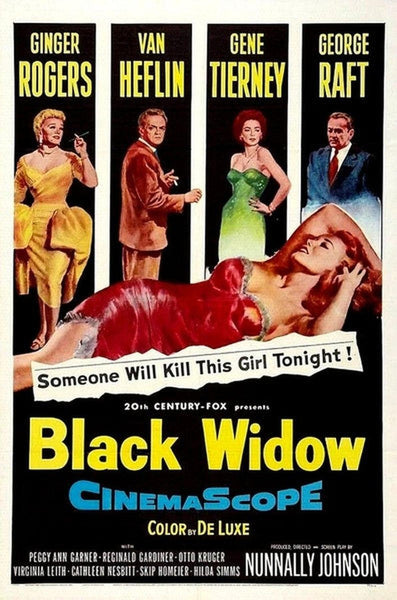 The Black Widow (1954) DVD showcases the striking vintage movie poster, featuring a woman in a red dress lying down beneath images of four actors, with bold text proclaiming “Someone Will Kill This Girl Tonight!” and the film’s title below—a true Hollywood whodunit and an essential addition for collectors of rare, hard-to-find movies.