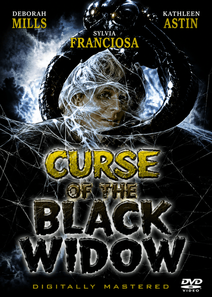 A woman shrouded in spider webs stands before a looming black widow spider, with the title "Curse of the Black Widow DVD (1977)" displayed above her. The names Deborah Mills, Sylvia Francisosa, and Kathleen Astin appear on the cover. Ideal for collectors of classic movies or horror film enthusiasts looking to expand their rare movie collection on DVD, this release features the official DVD video label at the bottom.