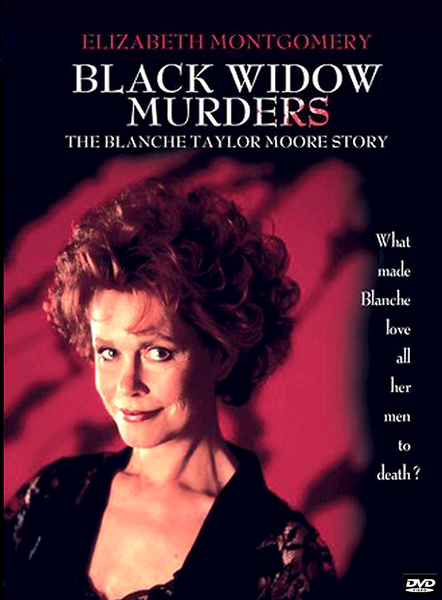 A woman with styled hair and a sly smile stands against a dark background. Text reads: The Black Widow Murders: The Blanche Taylor Story DVD (1993). What made Blanche love all her men to death? Uncover this chilling true crime story, now available on DVD—an essential addition to any classic movie collection.