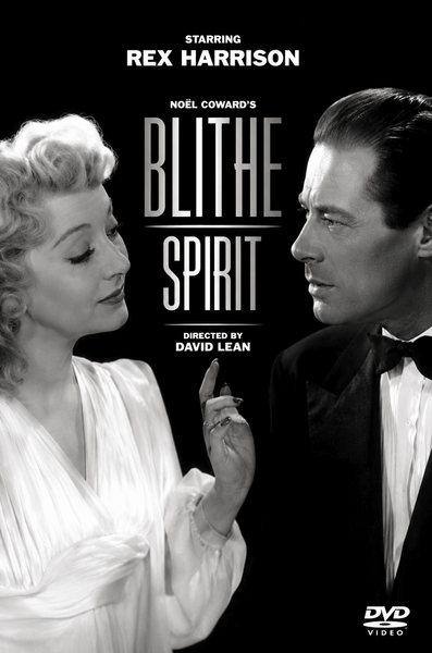 Black-and-white DVD cover for *Blithe Spirit DVD (1945)*. A woman in a light dress faces a man in a tuxedo. Above, the text displays the film’s title, actors’ names, and director. The mood is classic and dramatic, evoking the timeless charm of this British comedy—one of the finest classic movies available on DVD.
