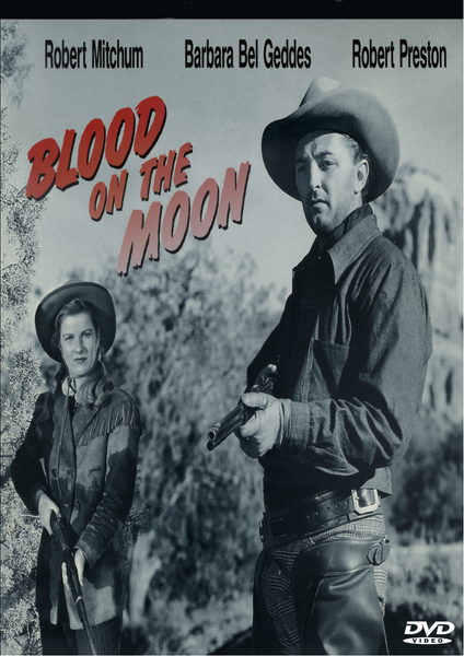 Featuring a striking black-and-white movie cover depicting a man and woman armed with guns, Blood on the Moon DVD (1948) showcases the names Robert Mitchum, Barbara Bel Geddes, and Robert Preston alongside bold text reading “BLOOD ON THE MOON.” A DVD logo appears in the lower right corner. This classic noir western starring Robert Mitchum is an essential addition for collectors of rare movies on DVD.