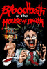 A cartoonish, terrified man in glasses screams in front of a spooky house at night, while a smiling nude woman stands by a blood-filled bathtub. The red, dripping text reads "Bloodbath at the House of Death," evoking classic horror-comedy films reminiscent of Vincent Price movies. This artwork is featured on the Bloodbath at the House of Death DVD (1984).