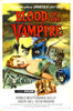 Vintage movie poster for Blood of the Vampire DVD (1958), featuring a frightened woman, sinister man, haunted castle, bats, bold red-orange title and tagline: He begins where DRACULA left off! Cast and credits below. Classic horror collectible.
