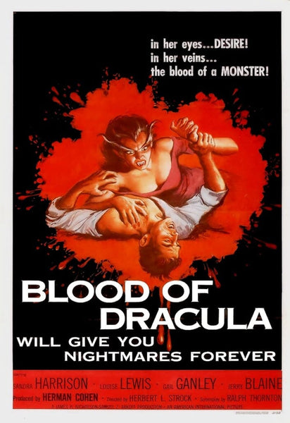 A vampire bares her fangs at a terrified man against a red splatter background. Text reads, “In her eyes…DESIRE! In her veins…the blood of a MONSTER!” Blood of Dracula (1957) DVD is a classic horror that will haunt your dreams.