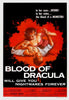 A vampire bares her fangs at a terrified man against a red splatter background. Text reads, “In her eyes…DESIRE! In her veins…the blood of a MONSTER!” Blood of Dracula (1957) DVD is a classic horror that will haunt your dreams.