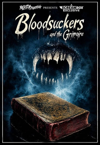 Above an ancient, weathered book etched with mysterious symbols hovers a large, menacing set of fanged jaws, all shrouded in dark smoke that evokes a sinister and supernatural mood—perfectly capturing the horror-comedy cult vibe of daring vampire hunters found in Bloodsuckers and the Grimoire (2024) DVD.