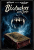 Above an ancient, weathered book etched with mysterious symbols hovers a large, menacing set of fanged jaws, all shrouded in dark smoke that evokes a sinister and supernatural mood—perfectly capturing the horror-comedy cult vibe of daring vampire hunters found in Bloodsuckers and the Grimoire (2024) DVD.