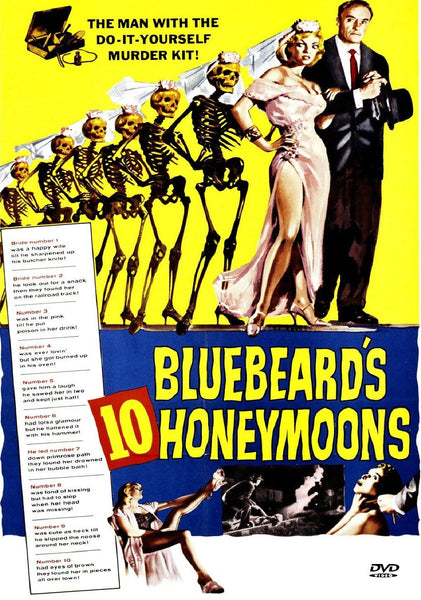 A striking collectible for fans of rare movies and classic serial killer films, the Bluebeard's Ten Honeymoons DVD (1960) features vintage movie poster artwork with a man and woman in formal attire, skeleton brides, a list of victims, and bold yellow and blue backgrounds—perfect for collectors seeking dramatic visuals from this classic film.