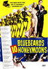 A striking collectible for fans of rare movies and classic serial killer films, the Bluebeard's Ten Honeymoons DVD (1960) features vintage movie poster artwork with a man and woman in formal attire, skeleton brides, a list of victims, and bold yellow and blue backgrounds—perfect for collectors seeking dramatic visuals from this classic film.