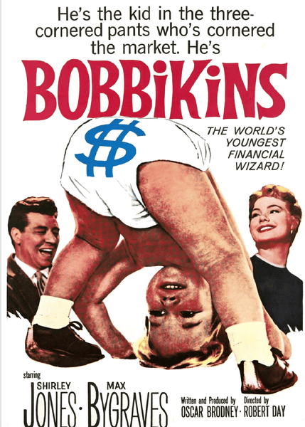 A cheerful baby in a diaper adorned with a dollar sign does a handstand while amused adults laugh nearby. Text reads: Bobbikins DVD (1959) – the world’s youngest financial wizard! Featuring beloved actors, this delightful gem is a rare treasure among hard-to-find classic films on DVD—perfect for discerning collectors and film lovers alike.
