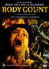 A terrified man, his face splattered with blood, screams in the foreground while a shadowy figure lurks near a mysterious burial ground in the background. The text promotes Body Count DVD (1987), hailing it as a slasher film in the vein of Friday the 13th and Halloween.