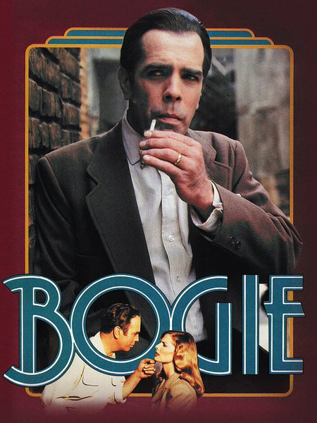 A man in a suit smokes a cigarette, framed by a border, while below, a man and woman face each other. Bold blue letters spell "BOOGIE," referencing the Bogie (1980) DVD—a Humphrey Bogart biographical drama.