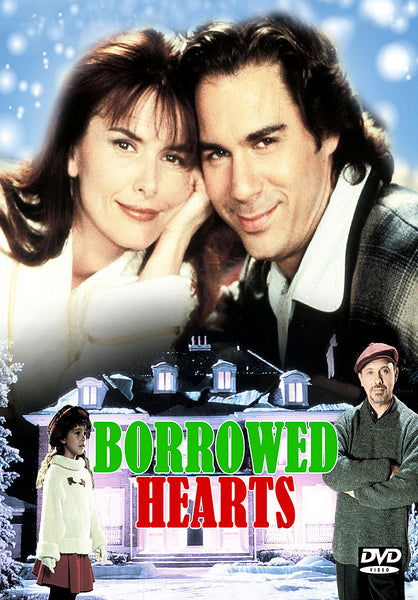 Borrowed Hearts (1997) DVD features a cover with a smiling couple at the top, a grand illuminated house in the background, and a young girl alongside a man in a hat at the bottom, with the movie title displayed in green and red—an ideal choice for collectors of rare DVDs or fans looking for a classic holiday romance film.
