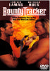 Two men stare each other down with intensity, set against a backdrop of action-packed scenes and blazing fiery colors, capturing the excitement of this action thriller. Above them, the text reads “Bounty Tracker DVD (1993)” and “When Someone Has to Pay, Only One Man Can Collect.” Lorenzo Lamas leads this explosive adventure. The DVD logo appears in the corner.