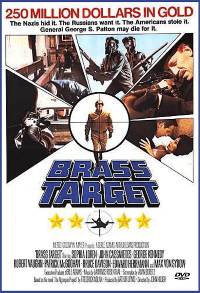 Brass Target DVD (1978) features a dramatic movie poster with split images of gripping action scenes, a man wielding a gun, and prominent military symbols, highlighted by bold red and gold text referencing stolen gold during WWII. This classic film is an essential addition for collectors seeking hard-to-find World War II era movies on DVD.