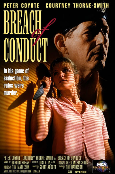 A movie poster for the Breach of Conduct (1994) DVD features a man’s face in shadow and a woman with blinds casting shadows across her, accompanied by text highlighting themes of seduction and murder. Ideal for fans of military thriller DVD collections, the poster displays the actors' names and film credits at the top and bottom.