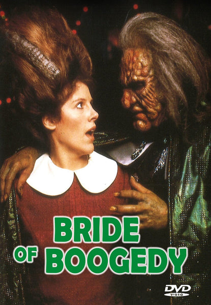 A terrified woman with a high hairstyle and white collar is grasped by a sinister, green-faced figure in a suspenseful scene from the Bride of Boogedy (1987) DVD cover, evoking the charm of vintage classics and making it an ideal pick for a family-friendly Halloween movie night.