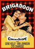 Brigadoon (1954) DVD movie poster features a woman in a yellow dress embraced by a man on a red plaid background. With Gene Kelly, Van Johnson, and Cyd Charisse below the arched title—ideal for classic film fans.