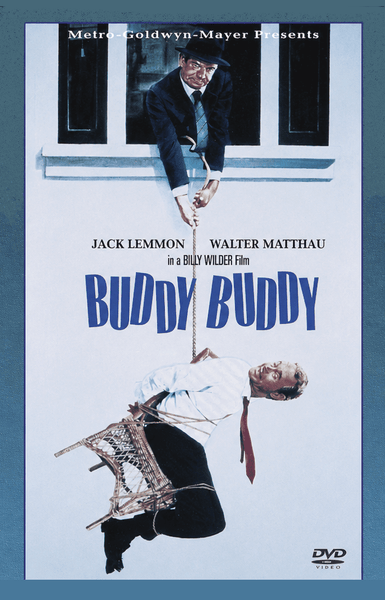 A worried man clings to a rope outside a window while another man, seated in a chair, hangs upside down below—both clearly distressed. The Buddy Buddy DVD (1981), starring Jack Lemmon and Walter Matthau, is featured here—an essential addition for collectors of rare movies on DVD.