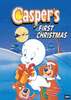 Casper the Friendly Ghost holds a gift with Yogi Bear and Boo Boo beside him on a snowy hill under a night sky, while Santa’s sleigh flies by overhead. Text reads Casper's First Christmas. This charming scene is featured on the cover of Casper's First Christmas DVD (1979), making it perfect for fans of rare movies on DVD and classic movies on DVD alike.